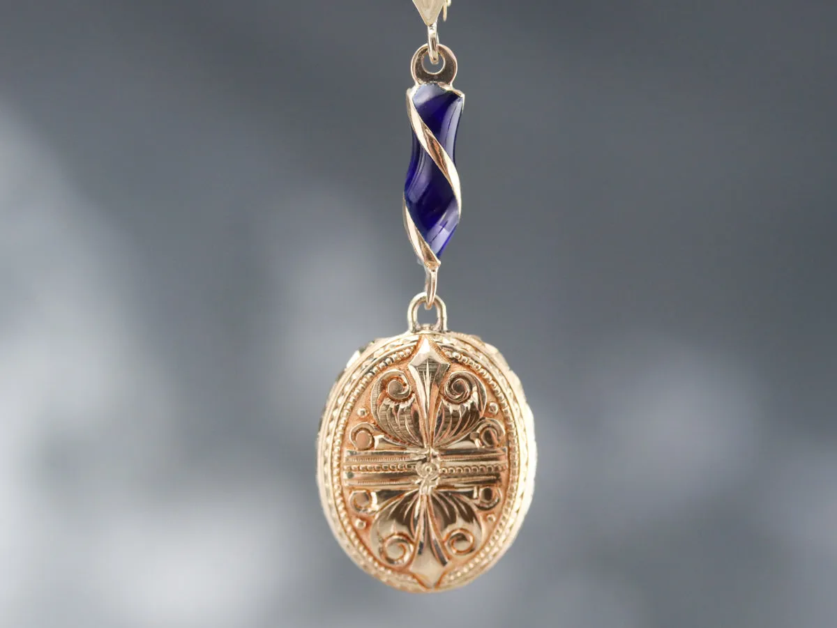 Etched Gold and Enamel Drop Earrings