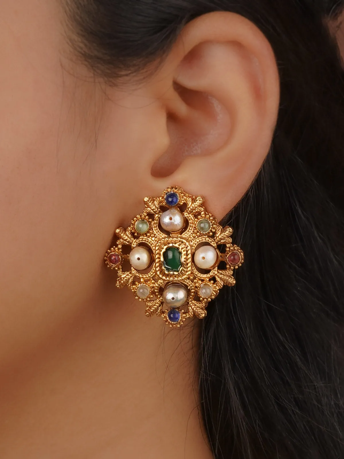 Gold Plated Navratna Earrings - NR-EAR3