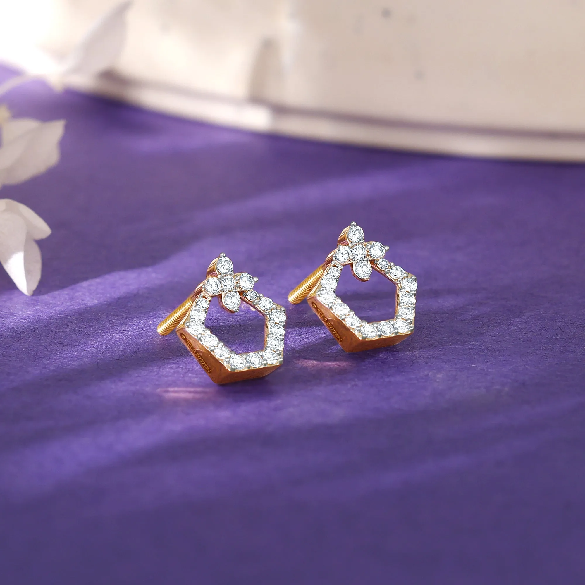 Gold Polygon Charm Diamond Earrings