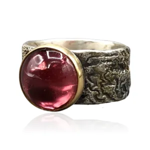 Golden Sunset Warm Pink Tourmaline Cabochon Ring