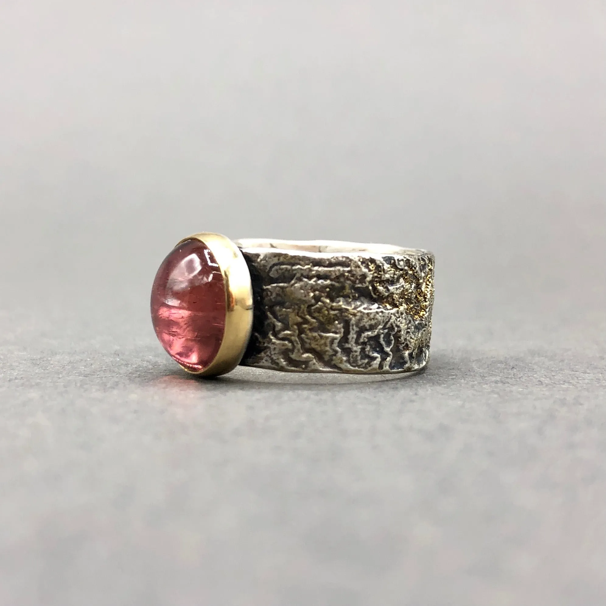 Golden Sunset Warm Pink Tourmaline Cabochon Ring