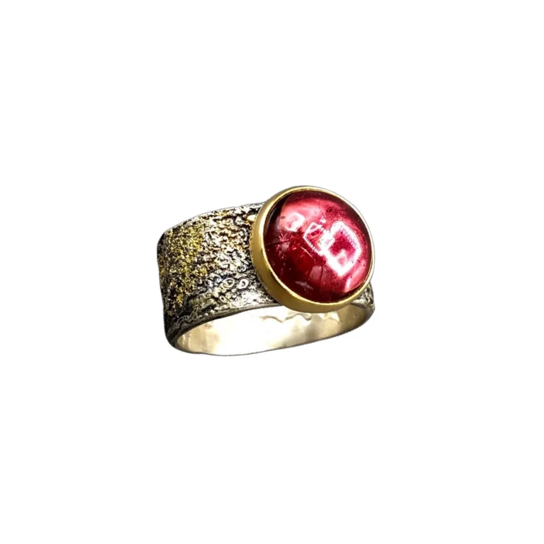 Golden Sunset Warm Pink Tourmaline Cabochon Ring