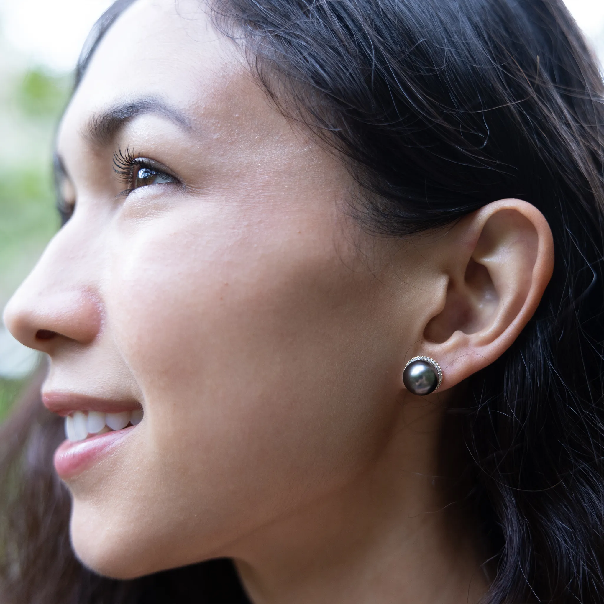 Halo Tahitian Black Pearl Earrings in Gold with Diamonds - 10-11mm