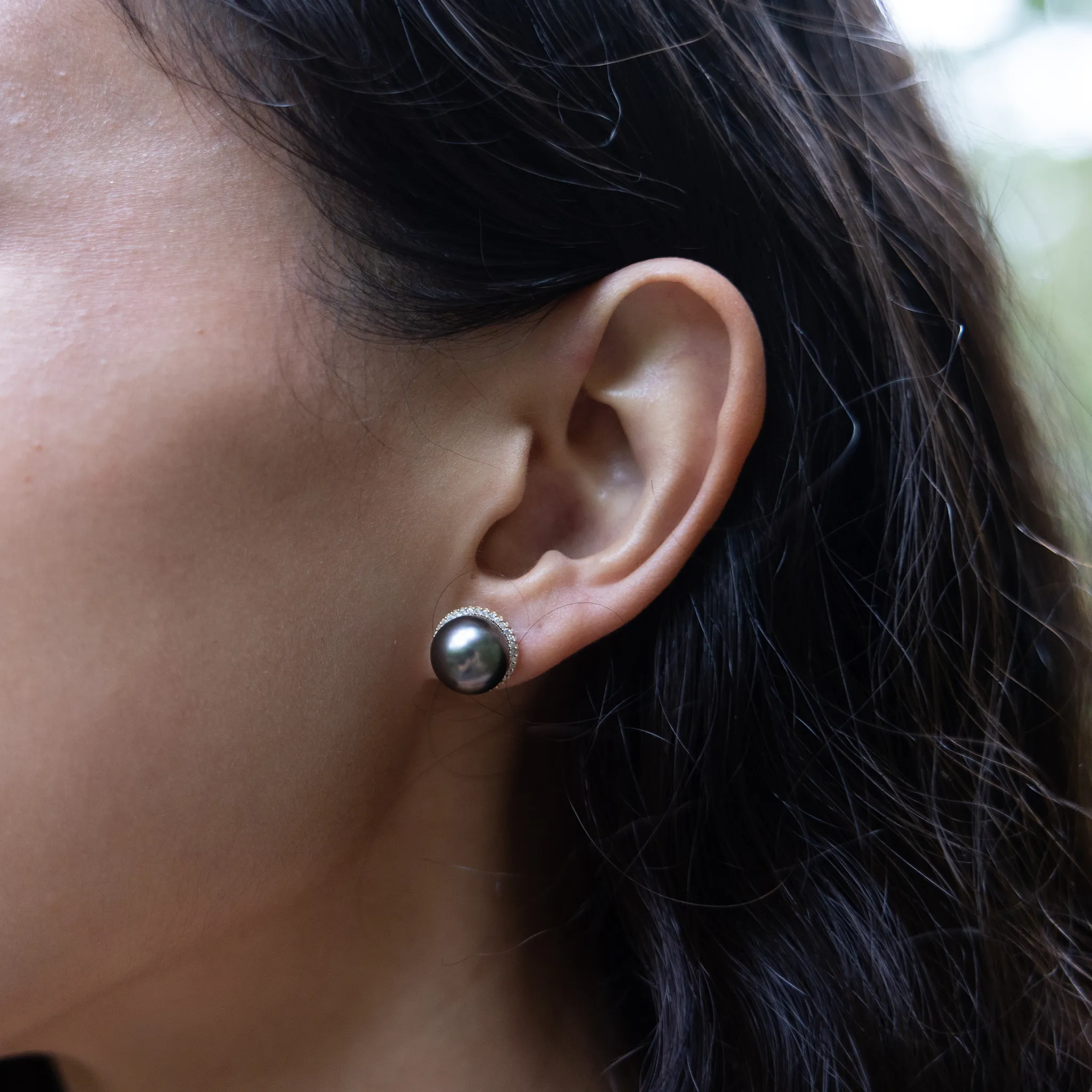 Halo Tahitian Black Pearl Earrings in Gold with Diamonds - 10-11mm