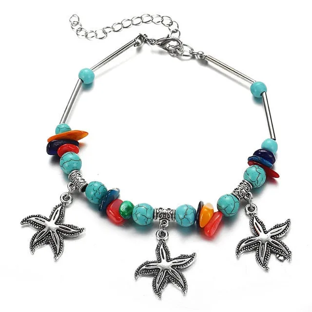 IF ME Bohemian Starfish Beads Stone Anklets for Women BOHO Silver Color Chain Bracelet on Leg Beach Ankle Jewelry 2018 NEW Gifts