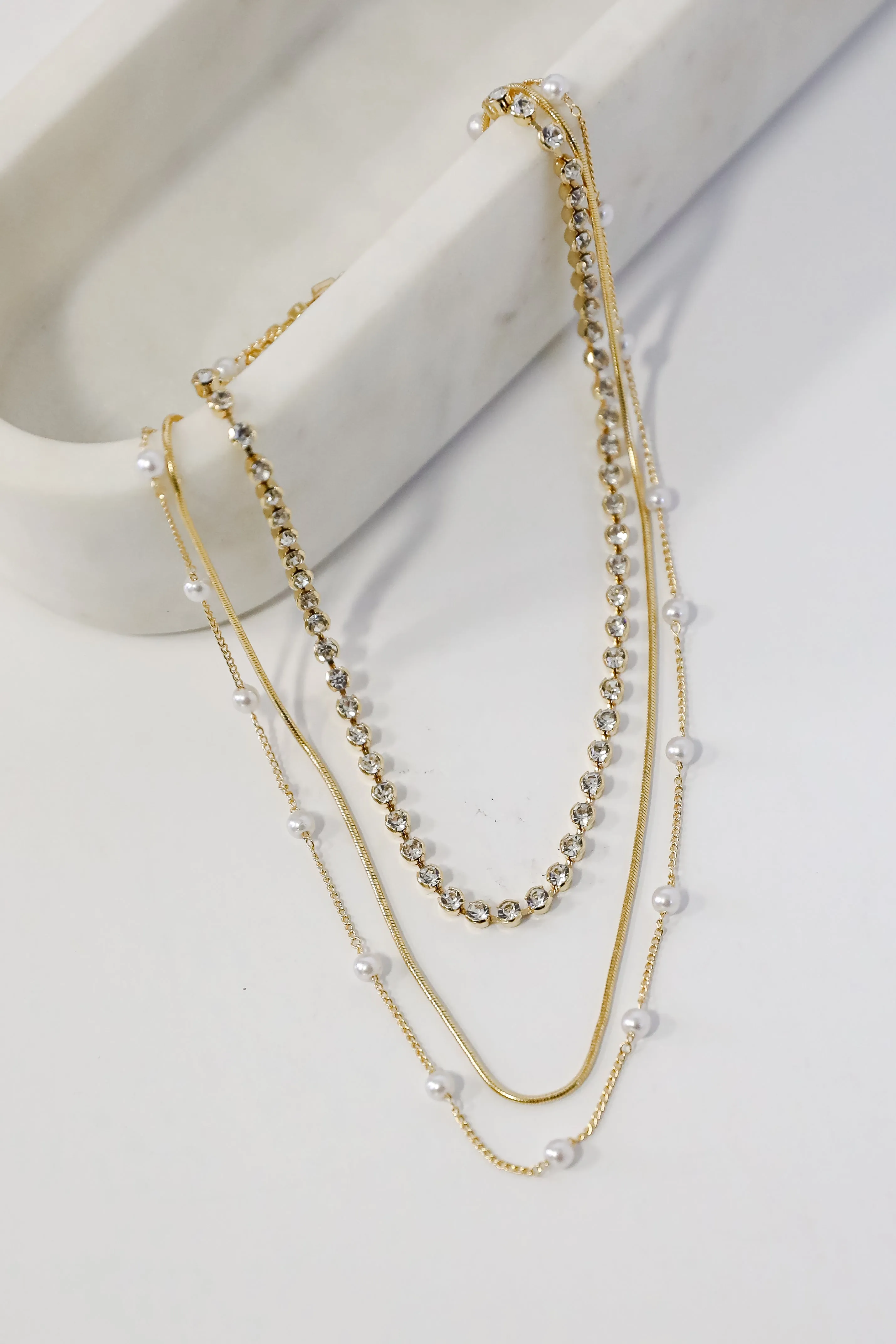 Melanie Gold Pearl   Rhinestone Layered Necklace