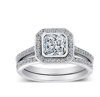 MicroPave CZ Sterling Silver 2 Piece Asscher-Cut Framed Bridal Ring Set - 07AB41