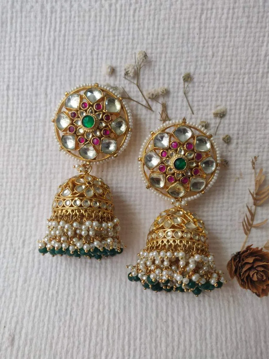 Multicolor Gold Plated Jadau Kundan Earrings - ME477M