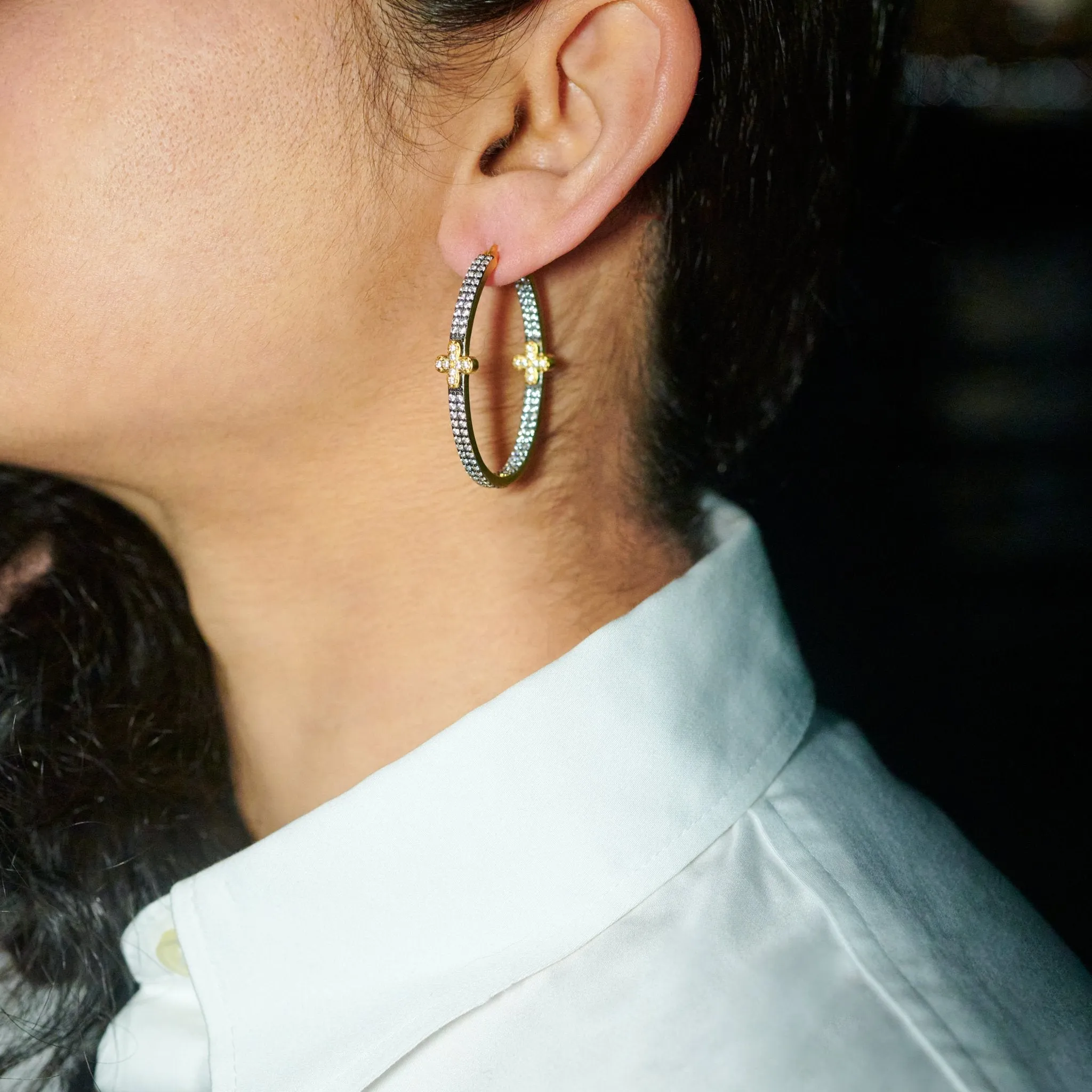 Pav?? Double Row Clover Hoop Earrings