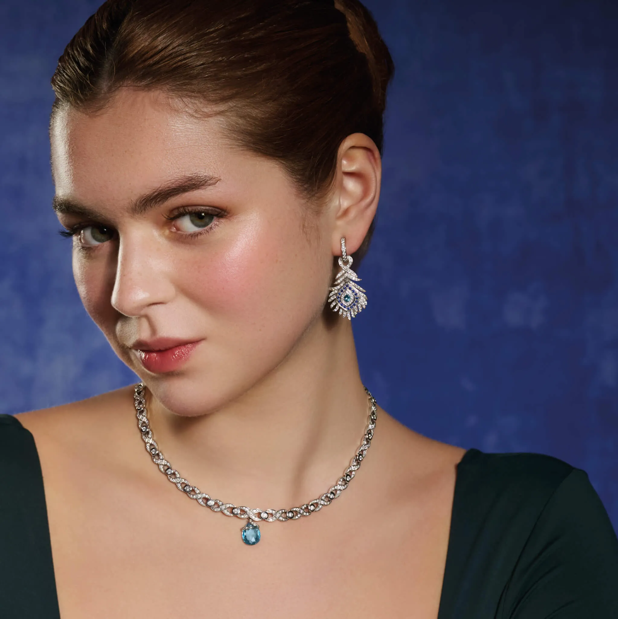 Peacock Octavia Earring Drops 18ct White Gold - Sapphire, Aquamarine and Diamond