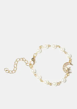 Pearl Bracelet with Crescent Moon and Star
