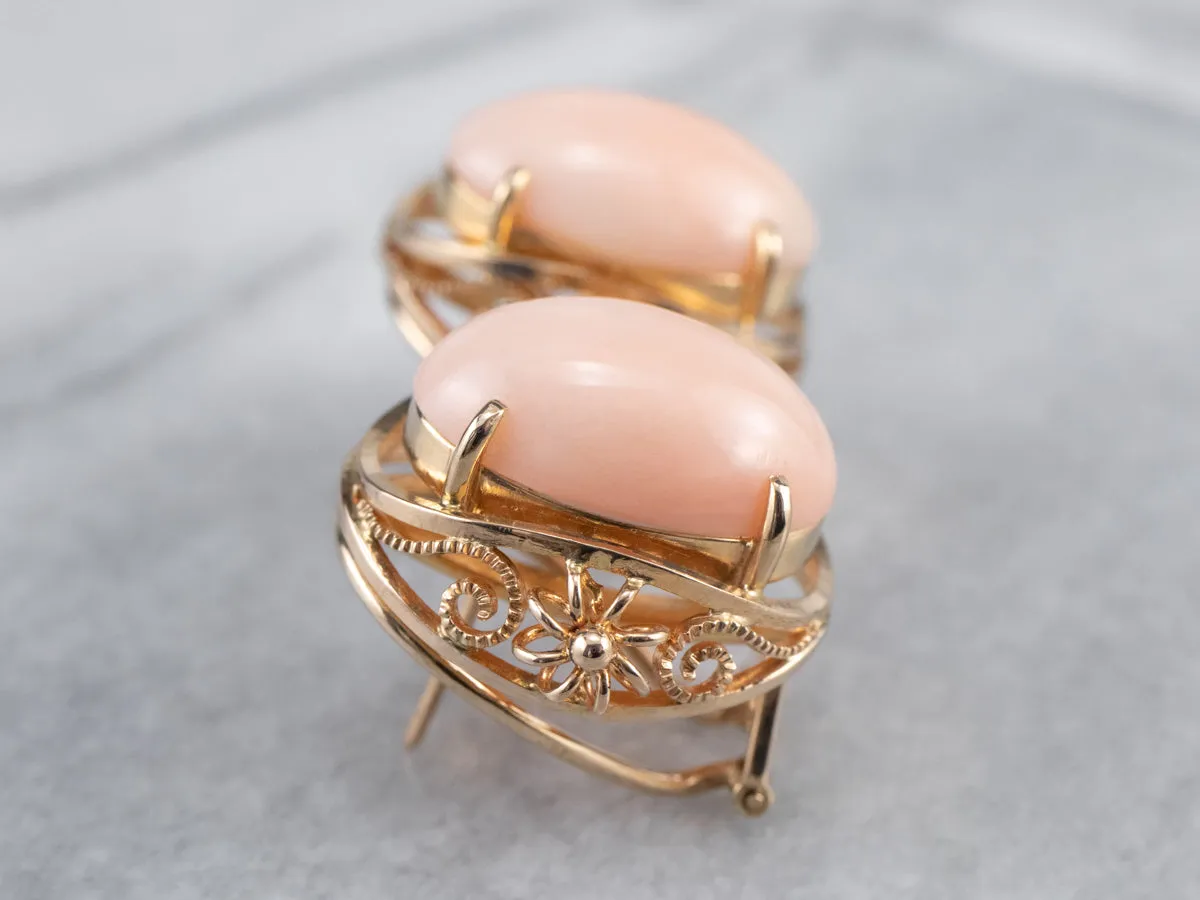 Pink Coral Rose Gold Filigree Statement Earrings