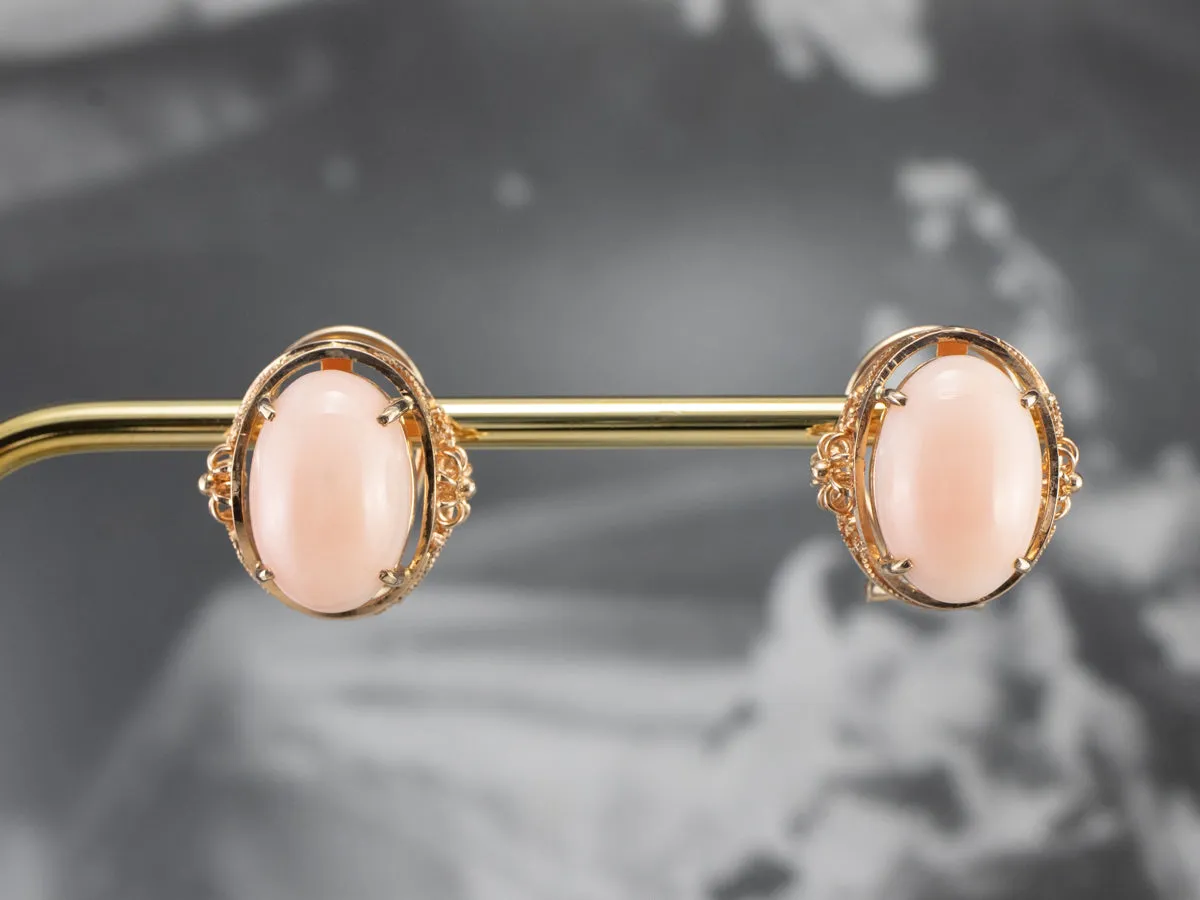 Pink Coral Rose Gold Filigree Statement Earrings