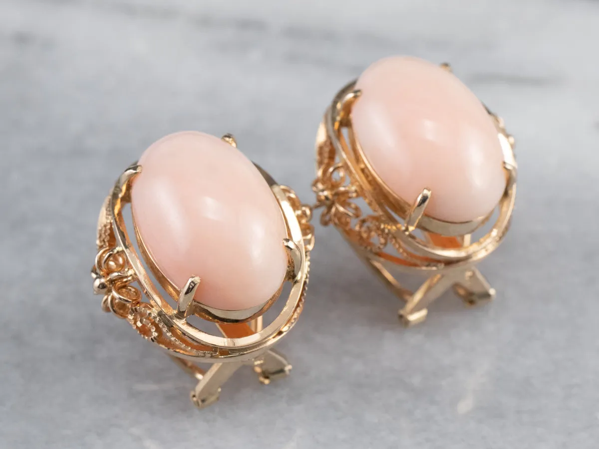 Pink Coral Rose Gold Filigree Statement Earrings