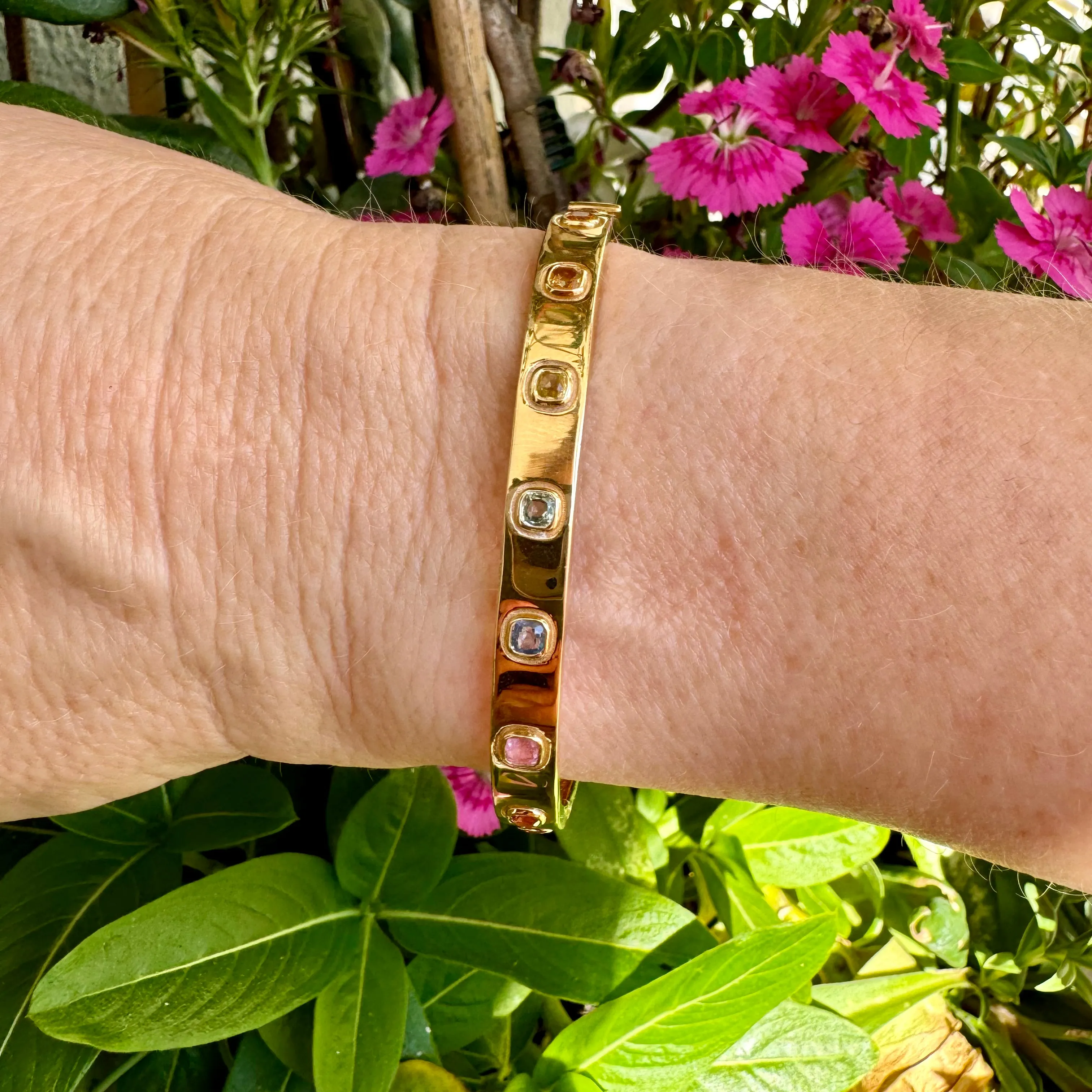 Princess Cut Rainbow Sapphire Bangle / 18K