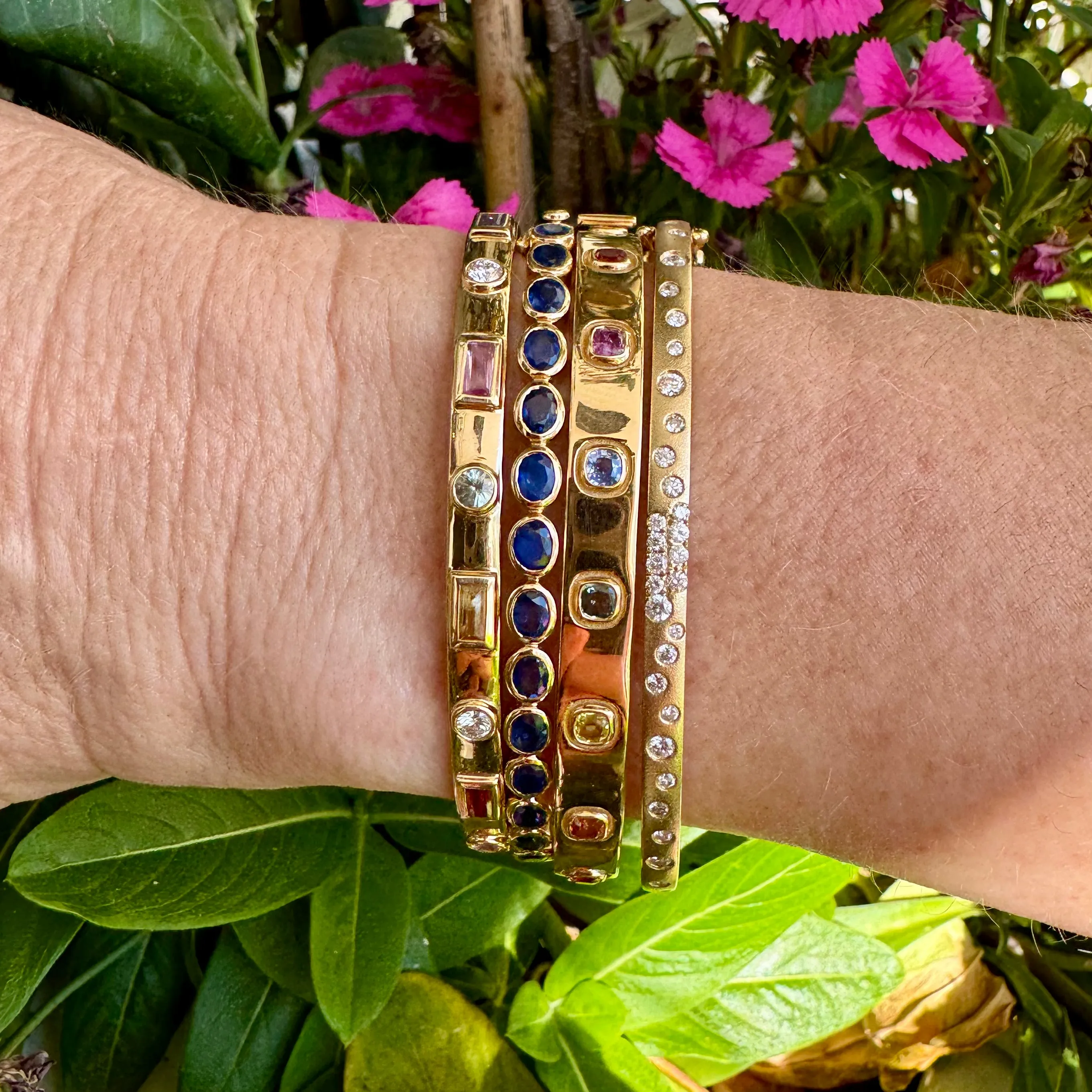 Princess Cut Rainbow Sapphire Bangle / 18K
