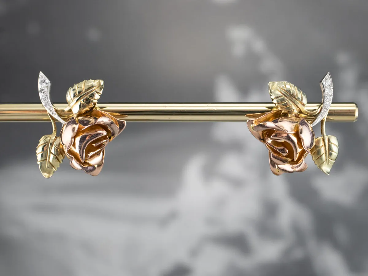 Rose Diamond and Gold Screw Back Earrings