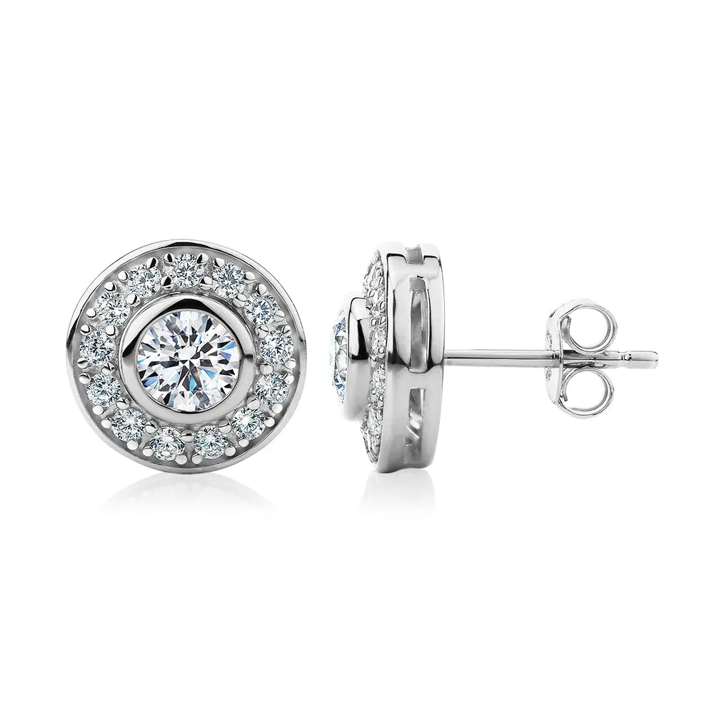 Round Brilliant halo stud earrings with 1.9 carats* of diamond simulants in sterling silver