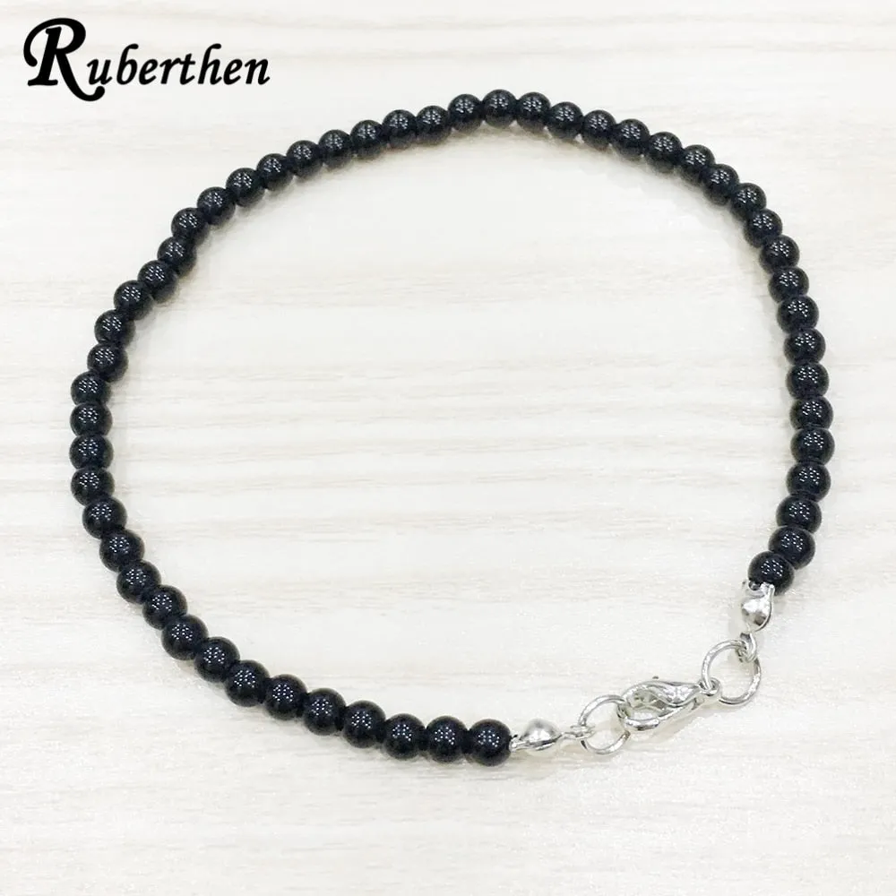 Ruberthen Black Onyx Anklet 4 mm Trendy Stone Bracelet Mini Gem Stone Energy Jewelry