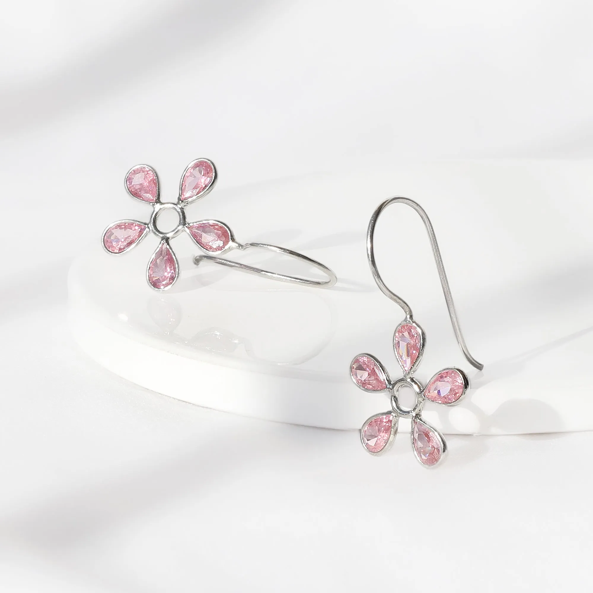Silver Pink Dahlia Earrings
