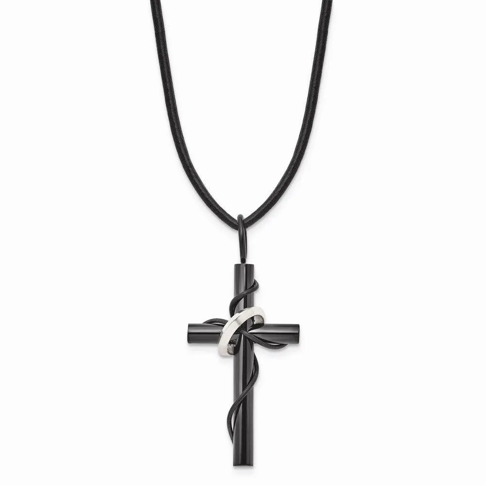 Stainless Steel Polished Black IP-plating Cross Leather Cord Necklace