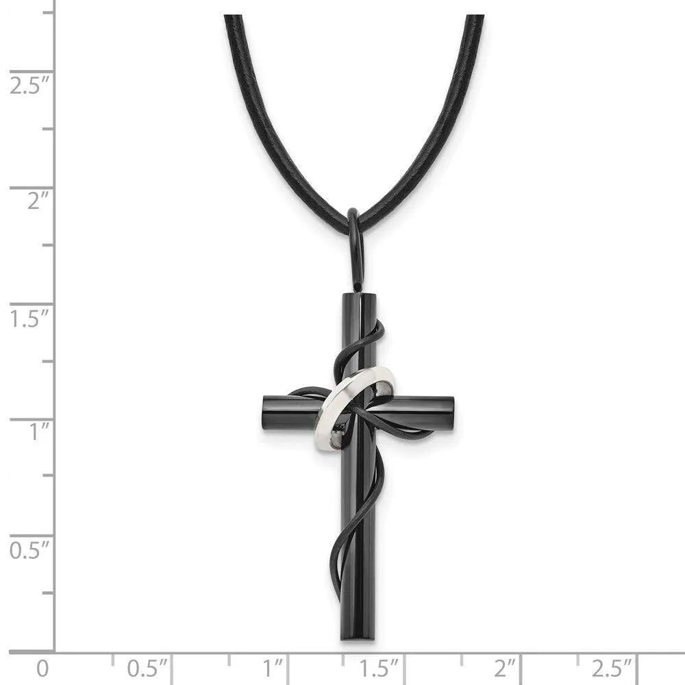 Stainless Steel Polished Black IP-plating Cross Leather Cord Necklace