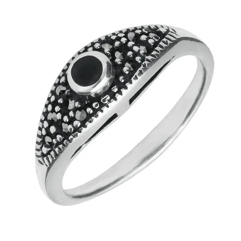 Sterling Silver Whitby Jet Marcasite Round Stone Ring