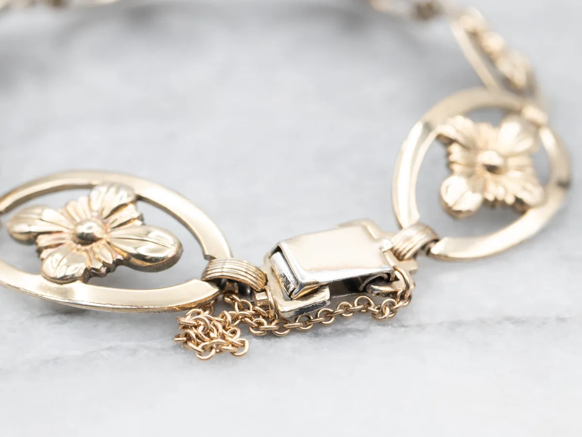 Sterling Silver Yellow Gold Overlay Flower Oval Link Bracelet