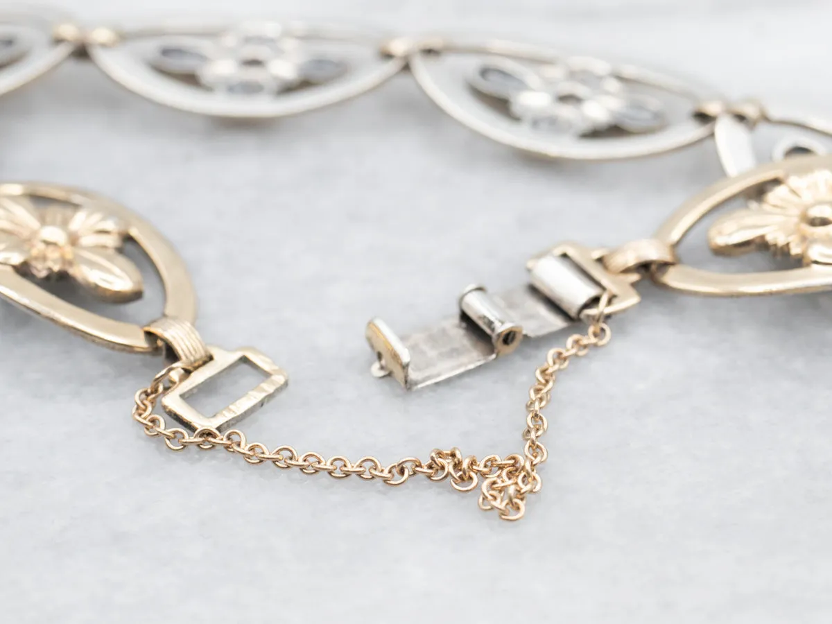 Sterling Silver Yellow Gold Overlay Flower Oval Link Bracelet