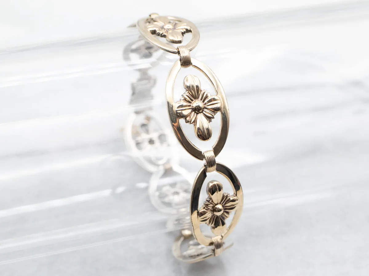 Sterling Silver Yellow Gold Overlay Flower Oval Link Bracelet