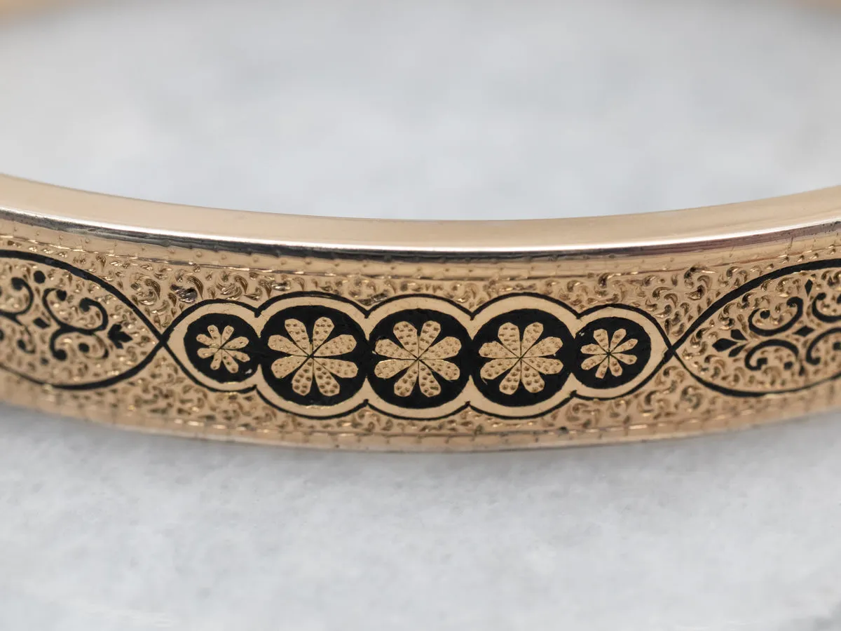 Victorian Engraved Black Enamel Hinged Bracelet with Safety Chain