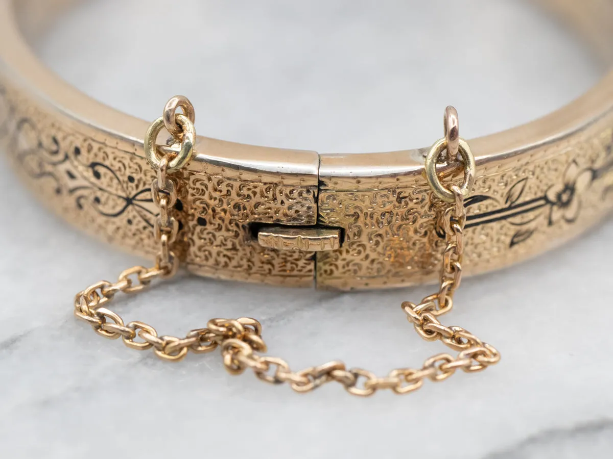 Victorian Engraved Black Enamel Hinged Bracelet with Safety Chain